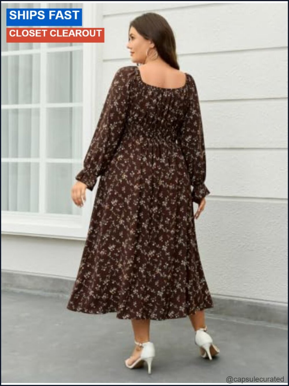 Plus Size Maxi Dress Long Sleeve Smocked Square Neck Floral - Picture 3 of 6